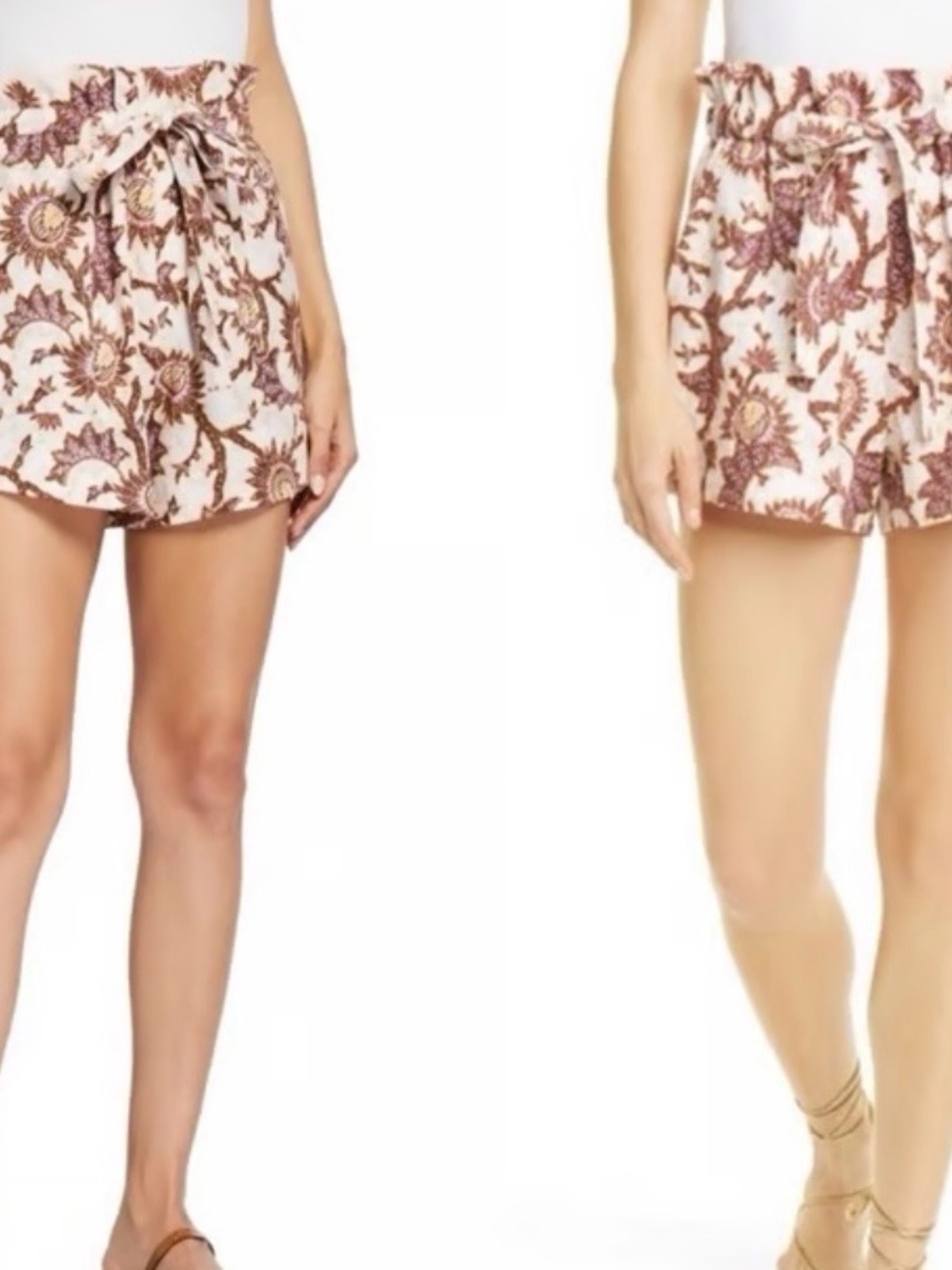 A.L.C. High-Waist Paperbag Floral Shorts - Cream & Brown
